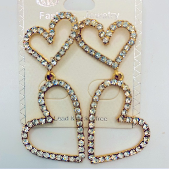 Earrings Crystal Drop Hearts set in Golden tone. Pierced - Picture 3 of 8